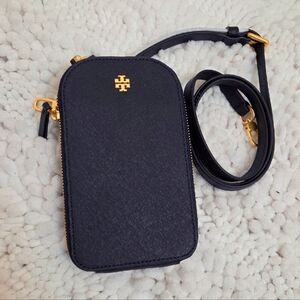 Tory Burch Dark Blue Phone Pouch with Gold Logo